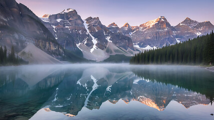 A breathtaking view of majestic snow-capped mountains towering over a crystal-clear lake, creating a serene and awe-inspiring atmosphere. Perfect for outdoor, adventure, and nature-themed content.