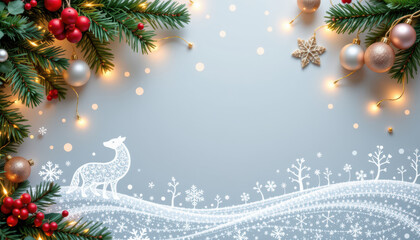 Festive winter scene featuring snowy landscape with decorative elements. image includes evergreen branches, red berries, golden ornaments, and white silhouette of deer, creating cheerful holiday