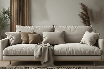 Cozy and minimalist living room interior with a large beige sofa, throw pillows, blanket, and natural wood slat wall panel, emphasizing a warm, inviting, and modern home decor aesthetic.