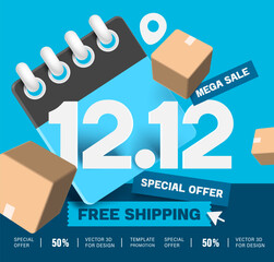Banner template for free shipping promotion 12.12 mega sale campaign, twelve point twelv, parcel box or cardboard box floating out of calendar, vector 3d for online shopping, delivery concept design