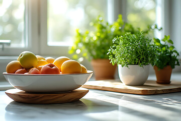 Bright, sunlit kitchen scene with a bowl of fresh citrus fruits and apricots, placed next to potted green herbs on a marble countertop, conveying concepts of healthy eating, freshness, and home cookin