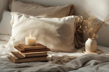 Cozy and rustic bedroom scene with soft linen pillows, old books, a lit candle, and dried flowers in an earthy vase, evoking a sense of tranquility, relaxation, and hygge style home living.