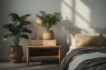 Sunny and tranquil bedroom corner with natural light, featuring a wooden nightstand, potted indoor plants, and a minimalist lamp, conveying a peaceful and earthy modern home interior aesthetic.