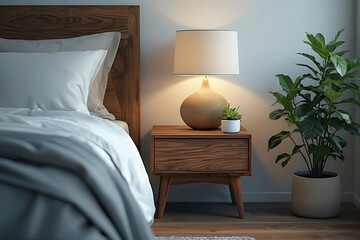 Cozy and minimalist bedroom interior featuring a mid-century modern wood nightstand, a warm lamp, and a large potted plant, creating a peaceful and stylish atmosphere for home living concepts.