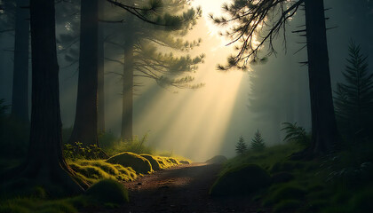 A misty forest at dawn with soft sunlight filtering through the trees, creating a peaceful and ethereal atmosphere. This serene image is perfect for nature, tranquility, and meditation-themed content.