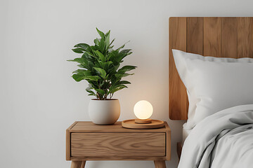 Bright, modern bedroom interior with natural wood nightstand, potted houseplant, and minimalist globe lamp, providing a cozy and clean aesthetic for home decor and wellness themes.