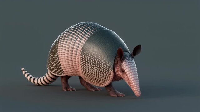 A detailed 3D render of an armadillo with its distinctive armored shell and long snout, standing on a plain grey background.