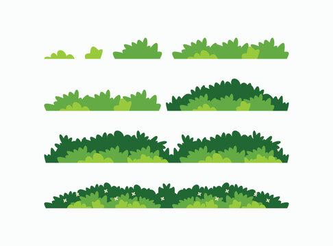 Versatile green bush vector pack for game design and landscape borders. Various sizes and styles, including flower and grass assets, in a flat cartoon style