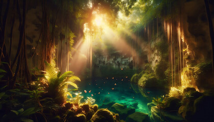 A glowing waterfall cascades in the heart of a mystical forest, surrounded by ethereal lights. The magical atmosphere makes this scene perfect for fantasy, adventure, and nature-based content.