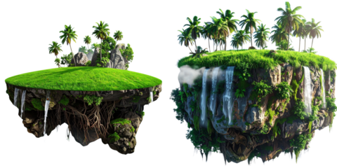 Setof Floating Oasis Island with Lush Green Grass and Waterfall Edges, Isolated on Transparent Background