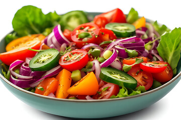 A vibrant, close-up shot of a fresh garden salad featuring crisp lettuce, bright cherry and orange tomatoes, sliced red onions, cucumber, and spicy jalapeños in a teal bowl, perfect for healthy eating