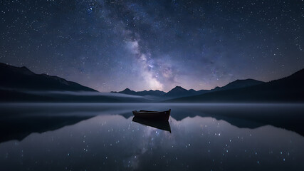 A peaceful rowboat gently floating on a calm lake under a starry night sky and the Milky Way. The serene atmosphere creates a perfect backdrop for tranquility, nature, and stargazing themes.