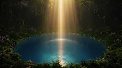 A hidden jungle scene featuring a glowing light illuminating a serene pool of water. The surrounding lush greenery adds to the tranquil and magical atmosphere, perfect for nature and fantasy-themed.