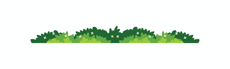 Fototapeta premium Seamless cartoon green bush vector divider with white flowers. Decorative element for nature borders, game assets, and horizontal designs