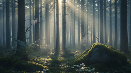 Sunlight beams filter through the trees in a mystical, misty forest, casting soft light across the scene. Ideal for fantasy, nature, and meditation visuals, capturing the serenity of the natural world
