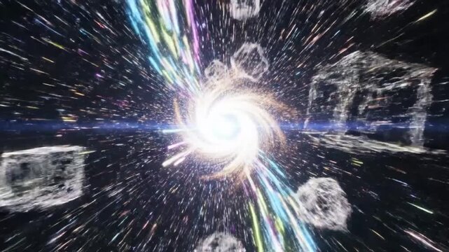 Interstellar travel through a bright swirling galactic vortex with shattered crystalline structures and colorful light trails