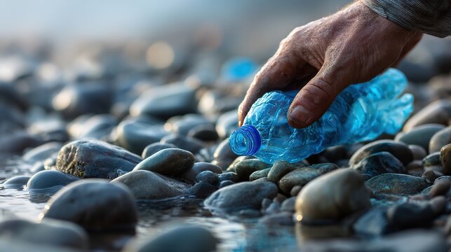 A hand picking up a crumpled blue plastic water bottle from a riverbed with smooth gray pebbles, symbolizing environmental cleanup, marine pollution awareness, and International Volunteer Day