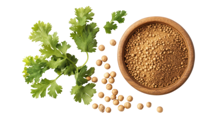 Fresh cilantro sprigs and fenugreek seeds in a wooden bowl isolated on transparent background