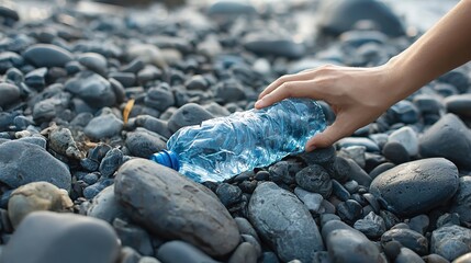  A hand picking up a crumpled blue plastic water bottle from a riverbed with smooth gray pebbles, symbolizing environmental cleanup, marine pollution awareness, and International Volunteer Day