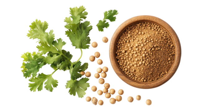 Fresh cilantro sprigs and fenugreek seeds in a wooden bowl isolated on transparent background