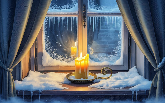 Warm candle on snowy window sill, frost, icicles, winter cozy