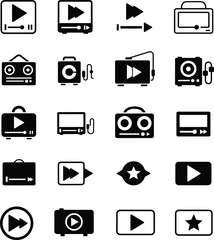 Media control icons, play button set, fast-forward symbols, audio interface, video UI, black and white, media player graphics