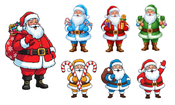 Cartoon Santa Claus Character Set Collection with Different Poses, Colorful Outfits, Gifts, Candy Canes, and Sack for Christmas Holiday Season Decoration.Transparent (Png) - Powered by Adobe