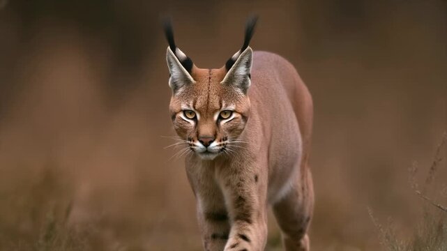 A caracal with distinctive tufted ears walks directly towards the camera in a natural, blurred grassland environment.