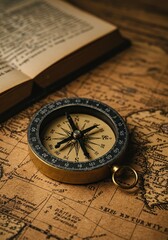 An antique brass compass rests on a faded map, evoking notions of timeless guidance, discovery, and enduring wisdom from past journeys ,clarity ,map ,retro