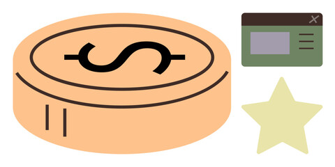 Coin with dollar sign, green browser window, and a yellow star symbolizing currency, web tools, reward systems. Ideal for finance, technology, user experience, marketing branding e-commerce simple