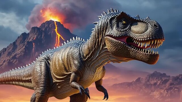A t rex standing in front of a volcano with lava flowing down the side of the mountain range dinosaur video