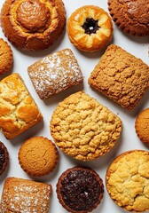An array of sweet, crumbly baked goods displayed flat lay on a bright table, showing the textured surfaces and appealing warm colors of the fresh dessert ,baked ,studio shot ,fresh
