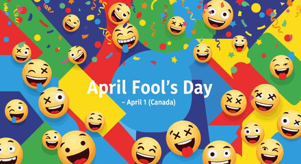 April Fools Day Celebration with Laughing Emojis and Colorful Confetti.