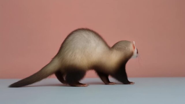 A domestic ferret with an arched back walks on a light surface against a plain pink background.