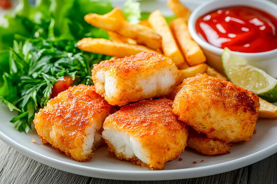 Baked fish nuggets served with golden fries, fresh green salad, ketchup, and lime wedge for a healthier meal - Powered by Adobe