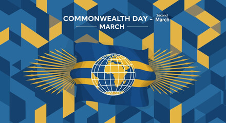 Commonwealth Day Celebration with Flag and Geometric Background.
