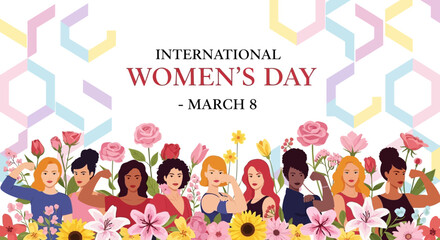 International Womens Day Celebration with Diverse Women and Flowers.