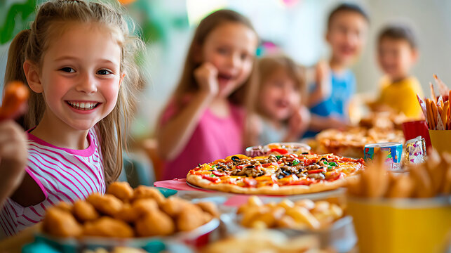 Happy girl celebrating a birthday, holding a hot dog, surrounded by friends and delicious fast food like pizza and nuggets