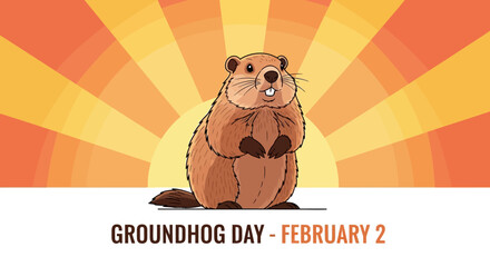 Groundhog Day February 2 Cute Groundhog Standing Outside Burrow.