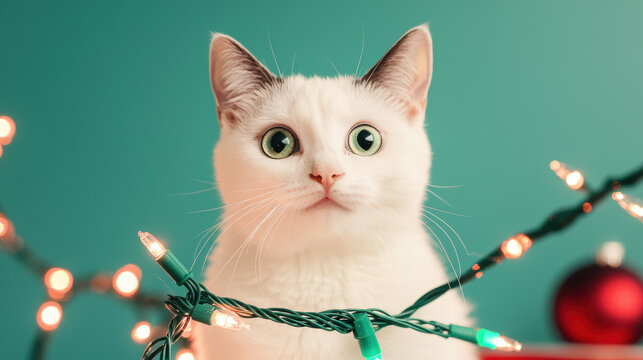 White cat with green eyes surrounded by glowing christmas lights and festive ornament, creating joyful holiday atmosphere