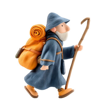Stylized 3D cartoon character of an elderly pilgrim walking with a backpack and a wooden staff against a white background