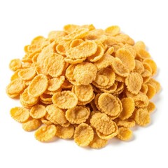A pile of golden corn flakes cereal forming a mound isolated on white background