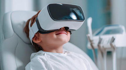 Child experiencing virtual reality, creating a calming distraction during a dental visit in a professional medical setting