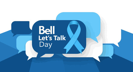 Bell Lets Talk Day mental health awareness campaign with blue ribbon and speech bubbles.