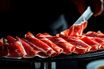 Cured Iberian ham slices arranged on a dark platter, chef's hand cutting and presenting more delicate portions