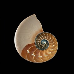An elegant nautilus shell, isolated against a simple background, showcasing its perfect logarithmic spiral and natural, ancient beauty ,proportion ,biology ,studio shot