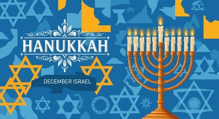 Hanukkah Celebration with Menorah and Star of David Symbols.
