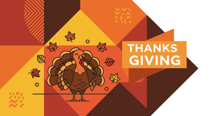Thanksgiving Turkey Illustration with Autumn Leaves and Geometric Shapes.