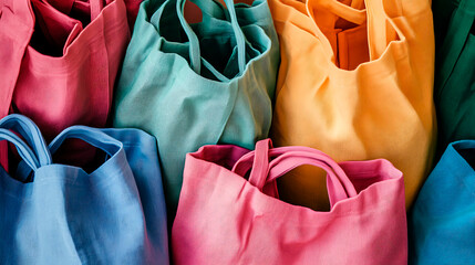 Reusable cotton tote bags in various vibrant colors, promoting eco-friendly shopping and environmental protection