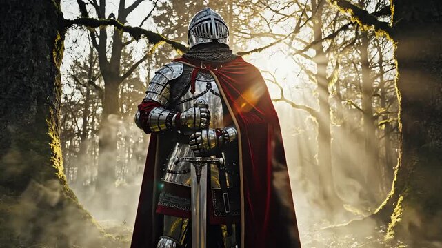 Majestic Knight in Shining Armor Standing Guard with Sword and Cloak in Enchanted Forest